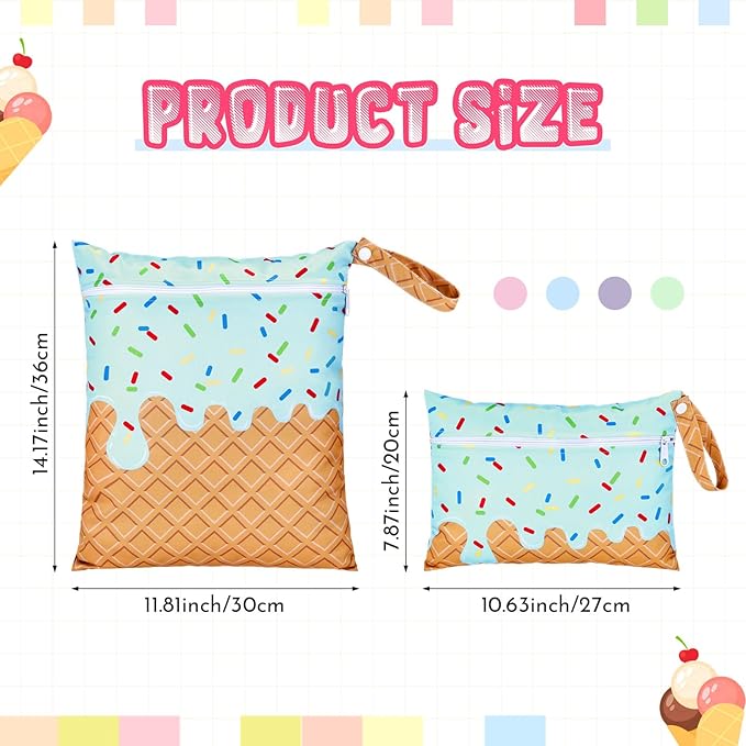 SATINIOR 2 Pack Wet Dry Bags Ice Cream Waterproof Pouch Large & Small Makeup Bag Baby Wet Bags Zipper Pouch for Baby Women Diapers Cloth(Green)