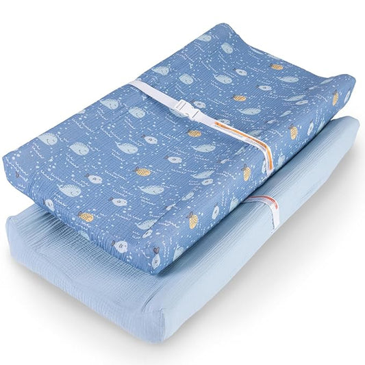 100% Muslin Changing Pad Cover Ultra Soft, Breathable, Secure Fit, Fade-Resistant Prints for Boys and Girls (Pack 2)