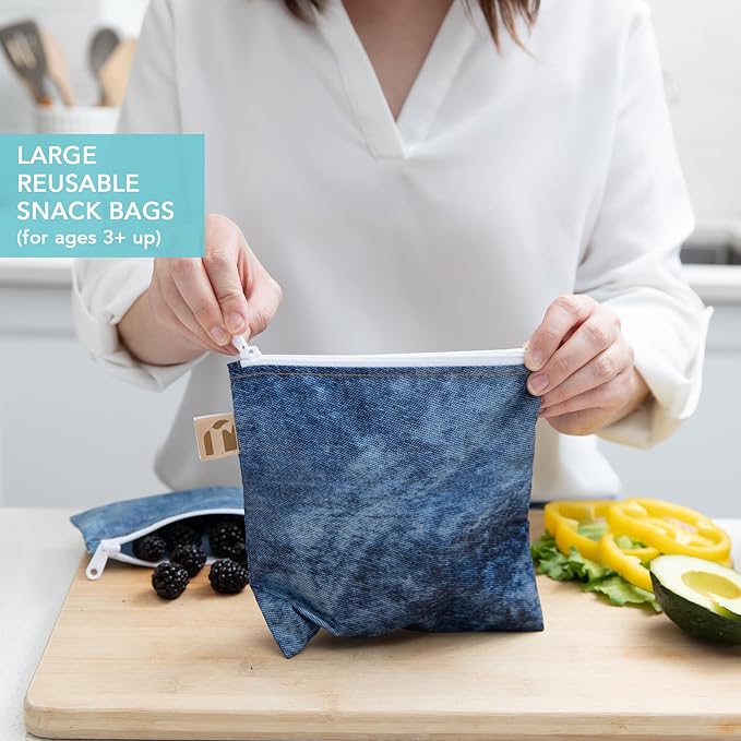 Bumkins Ruffle Apron Bib and 2-pack Sandwich Bags, Waterproof Fabric, Faux Denim