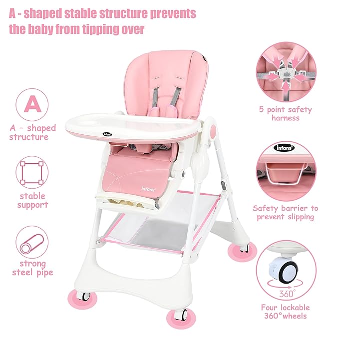 INFANS High Chair with One-Hand Removable Tray, 4 Lockable Wheels & Large Storage Basket - Multi-Adjustable Height, Recline & Footrest, Removable Cushion, Foldable for Baby, Infant Toddler
