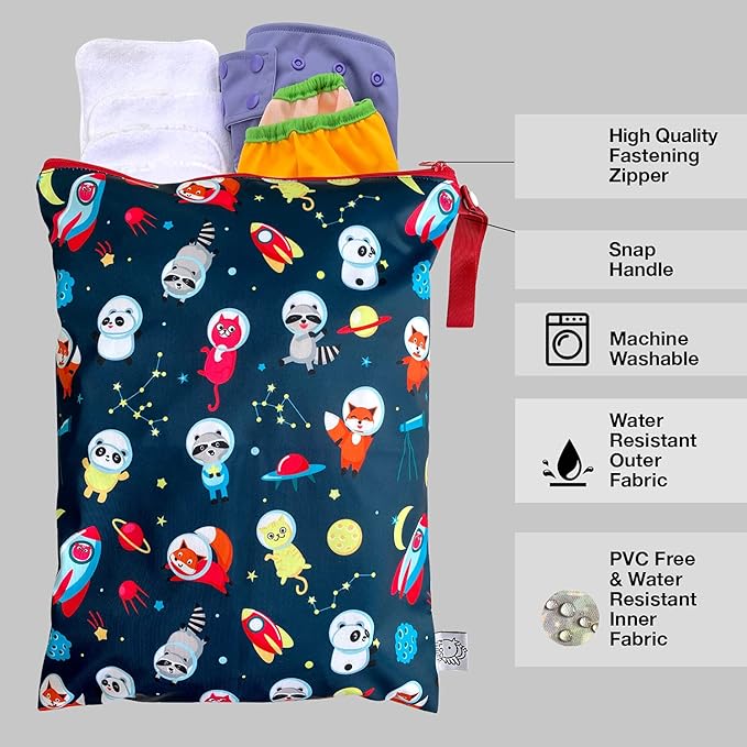 FLOCK THREE Washable and Reusable Wet Bag Diaper Bag Water Resistant Swimming Bag Travel Toiletries Pouch Cute Animal Zippered 12.6'' x 16.5''