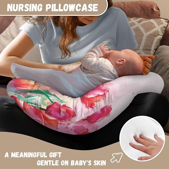 Tulips Floral Breastfeeding Pillow Slipcover Easy to Put On & Take Off Soft Newborn Nursing Pillow Case Fit Most Standard Feeding Support Pillows for Mother's Day Gift