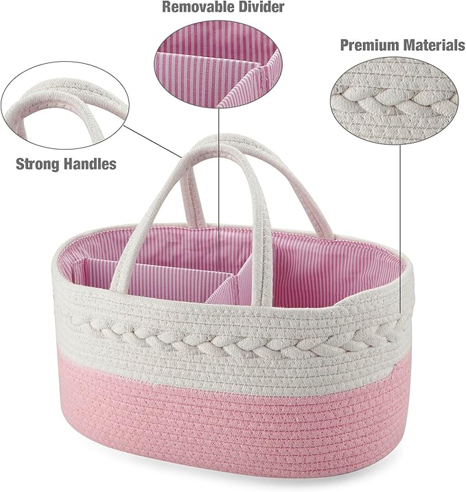 PandaEar Baby Diaper Caddy Organizer Cotton Rope Nursery Storage Basket Portable Car Organizer for Baby Shower Gifts Newborn Infants -Pink