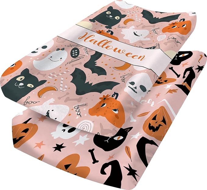 KAINSY Personalized Halloween Pumpkin Print Changing Pad Cover, Custom Diaper Change Table Sheets with Name, Pink Ghost Soft Jersey Knit Change Table Sheets, 2 Pack Changing Pad Covers (16" x 32")