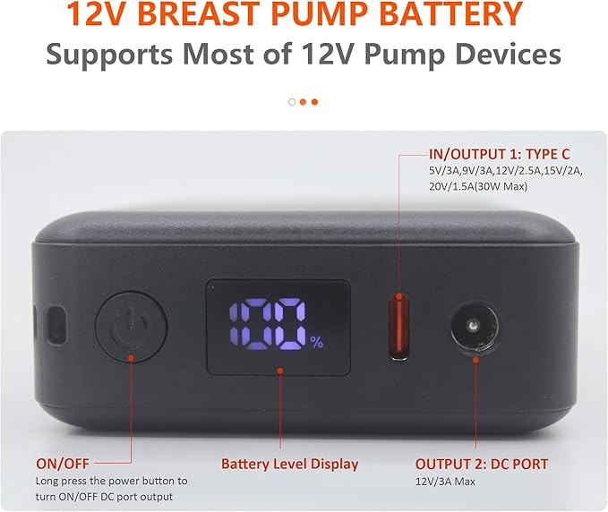 12v Portable Breast Pump Battery and Charger for Medela Sonata,Freestyle,Spectra S1 S2 9Plus and Lactina Hygeia EnJoye (Black, 20000mAh)