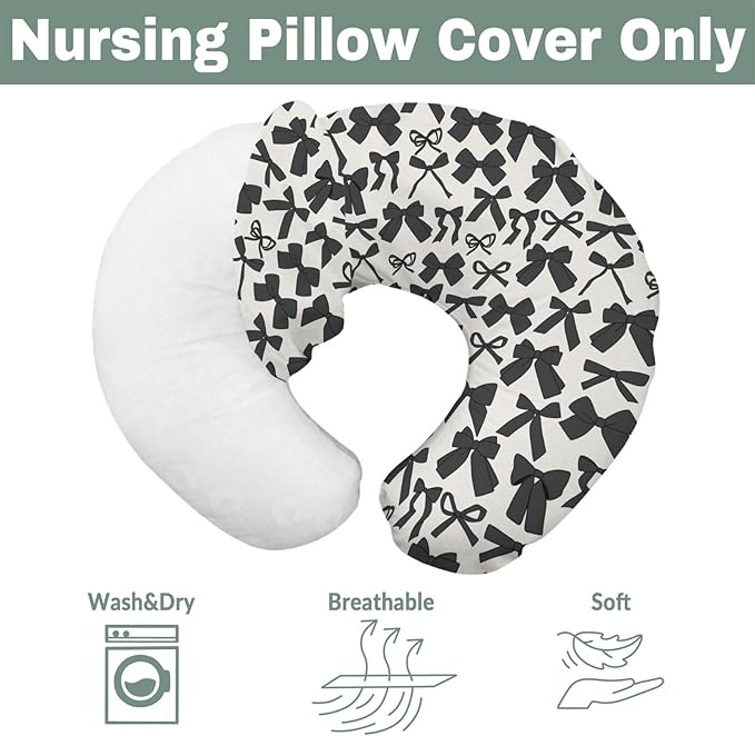 Black Bows Baby Nursing Pillow Covers for Girl Boy Valentine Bows Nursery Feeding Pillowcase for Breastfeeding Pillows Spring Black Ribbons Soft Stretchy Removable Slipcovers for Newborn Infant