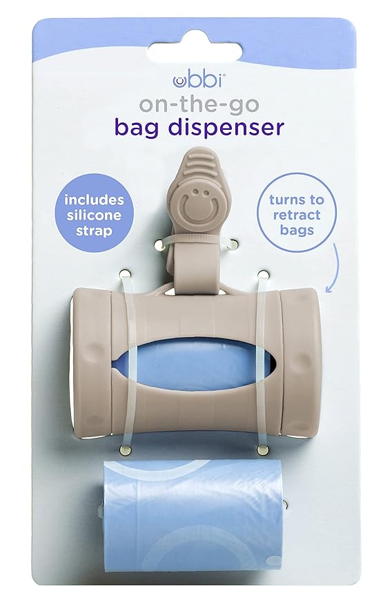 Ubbi On-The-Go Wipes Dispenser and Retractable Bag Dispenser Travel Bundle with 22 Wipes Capacity and 24 Scented Bags