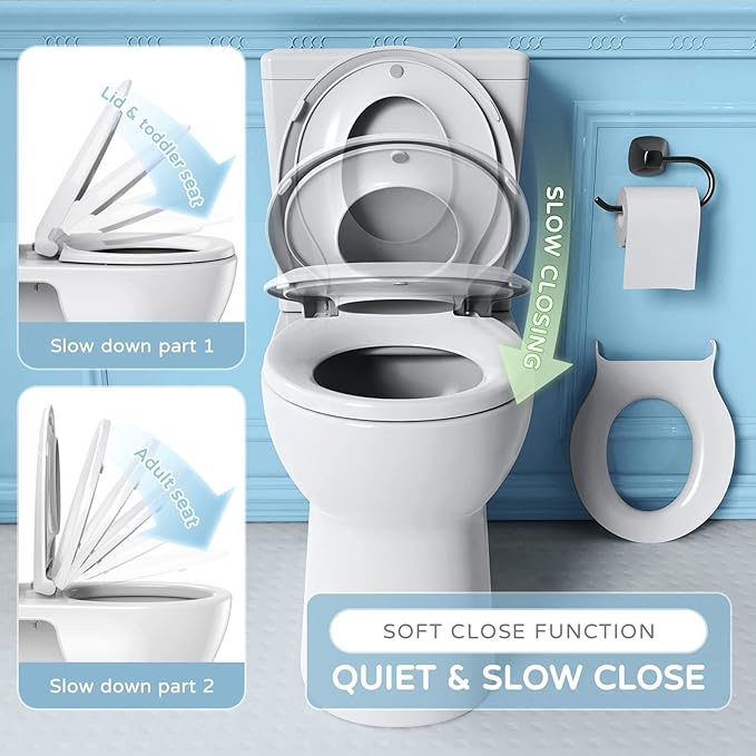 YASFEL Toddler Toilet Seat Built in, Potty Training Toilet Seat for Toddlers, Kids & Adults White Plastic Toilet Seats Standard Round Slow Close with Magnets(White, 16.5”)