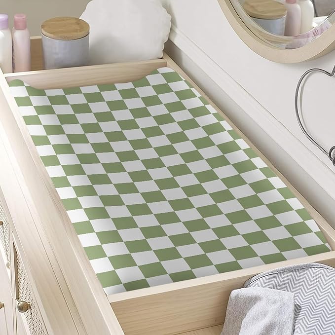 Sage Green Checkered Changing Pad Cover for Baby Girls Boys Cartoon Breathable Diaper Change Table Sheet Soft Stretchy Cute Change Table Mat Cover Fit 32x16