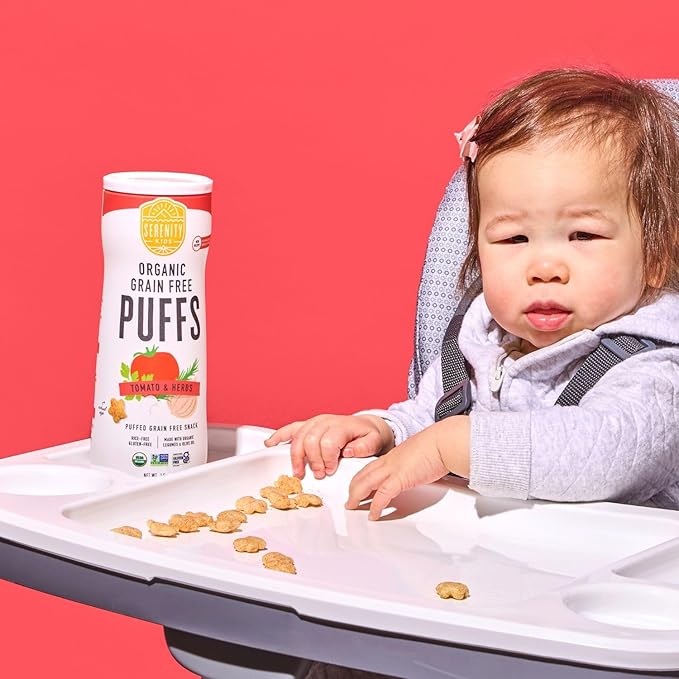 Serenity Kids 6+ Months Grain-Free Baby Puffs - Tomato & Herbs USDA Organic Baby Snacks - Allergen Safe Toddler Snacks - Quick-Dissolve Infant Puffs - 1.5 Oz Pack of 1