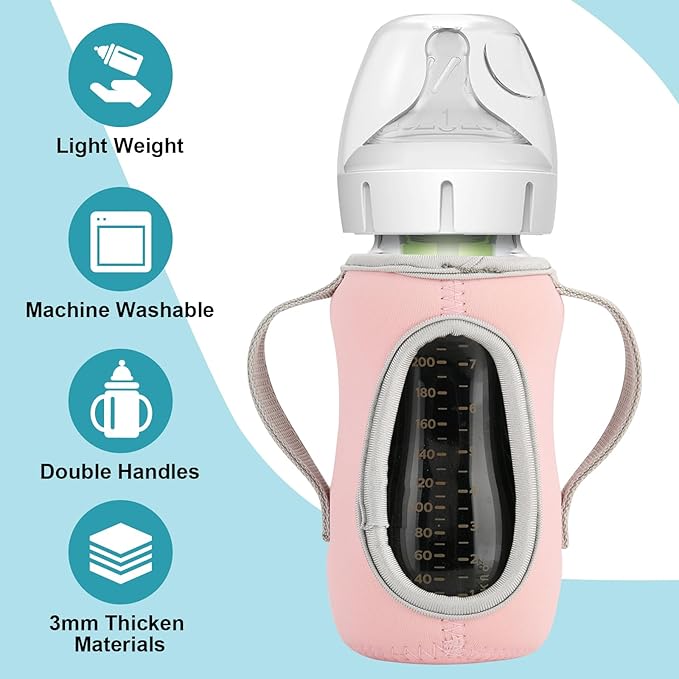 Beautyflier Glass Baby Bottle Sleeve Covers for Dr. Brown's Natural Flow Anti-Colic Wide-Neck Glass Baby Bottles, 3.3mm Thicken Heat and Cold Retention Baby Bottle Sleeve (Pink + Green, 9oz/270 mL)