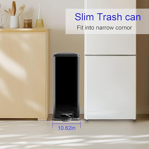 12 Gallon Kitchen Trash Can, Stainless Steel Trash Can with Removal Inner Bucket and Soft-Close Lid, Foot Pedal Trash Bin for Home Office, Narrow Place, 45 Liter, Shiny Black
