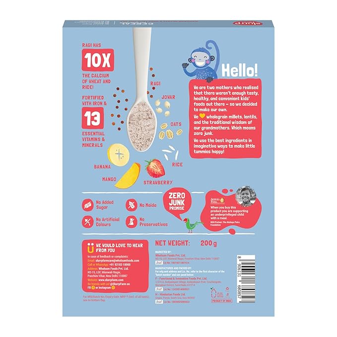 Slurrp Farm Multigrain Millet Baby Cereal with Mixed Fruit & Milk | No Added Sugar, Sweetened with Dates | Easy to Prepare Baby Porridge | Healthy Breakfast for Little Ones | 7.05 Oz (200g)