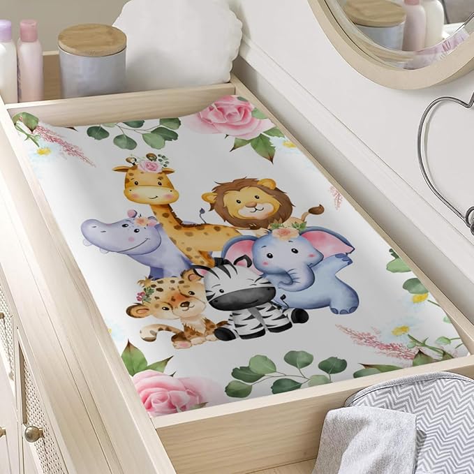Changing Pad Cover Jungle Safari Animals Tropical Leaves Flowers Baby Change Table Pad Cover for Boys Girls Cute Animals Soft Stretchy Snug Fitted Baby Diaper Changing Sheets Cover 32''x16''
