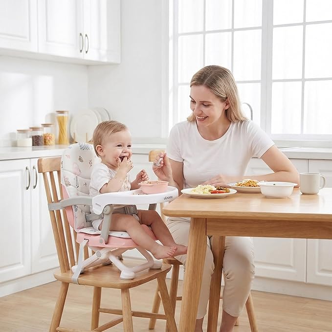 UBRAVOO 2in1 Portable Toddler Booster Seat, Grow with Baby Booster Seat for Dining Table with Removable Tray & Seat Pad, high chair for travel, ACE1013 Pink Flamingos