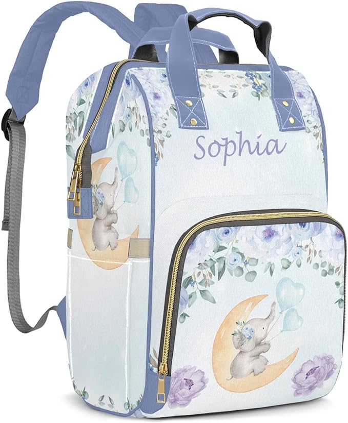 Watercolor Flower Elephant Diaper Bag Backpack Tote Custom with Name Multifunction Waterproof Travel Back Pack Diaper Bag Gifts Backpack for Men Women