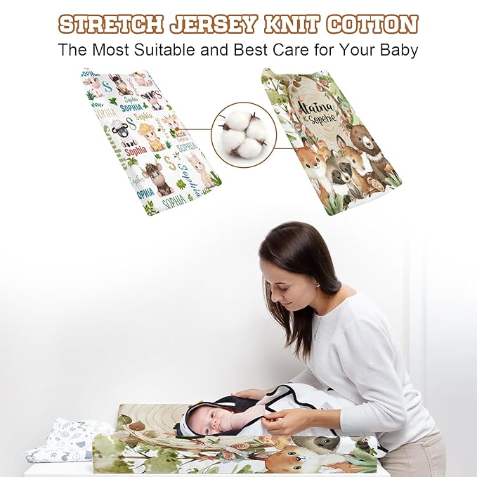 Personalized Baby Changing Pad Cover - 2 Piece Baby Pee Pad Cover Nursery Bedding with Name, Portable Animal Pattern Diaper Changing Pad Gifts for Infant