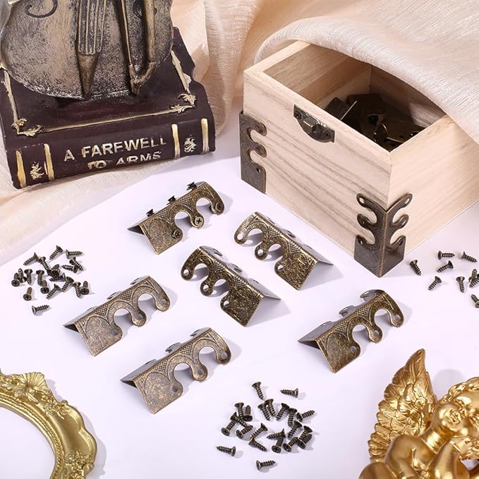 CRASPIRE 16Pcs Baseboard Corner Protectors Vintage Metal Rustic Decorative Guards Skirting Board Antique Bronze Safety Bracket with Screws for Furniture Table Wall Edge Cover File Boxes Bookshelves