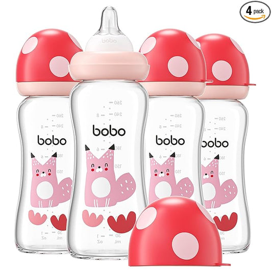 YOHKOH Natural Glass Baby Bottle with Level 2 Medium Flow Nipple, Newborn Anti-Colic Baby Bottles, Wide Neck Mushroom Baby Glass Bottle (8.8ounce (Pack of 4), Red2)