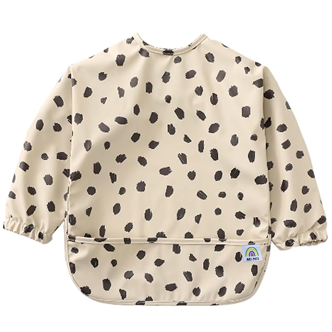 ARI MES Waterproof Long Sleeve Baby Bib for Eating-Black Spots Pattern, Small-Toddler Smock with Catch-All Pocket, BPA Free, Machine Washable, Wearable Feeding Bib for Boys & Girls 6-72 Months