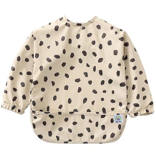 ARI MES Waterproof Long Sleeve Baby Bib for Eating-Black Spots Pattern, Small-Toddler Smock with Catch-All Pocket, BPA Free, Machine Washable, Wearable Feeding Bib for Boys & Girls 6-72 Months
