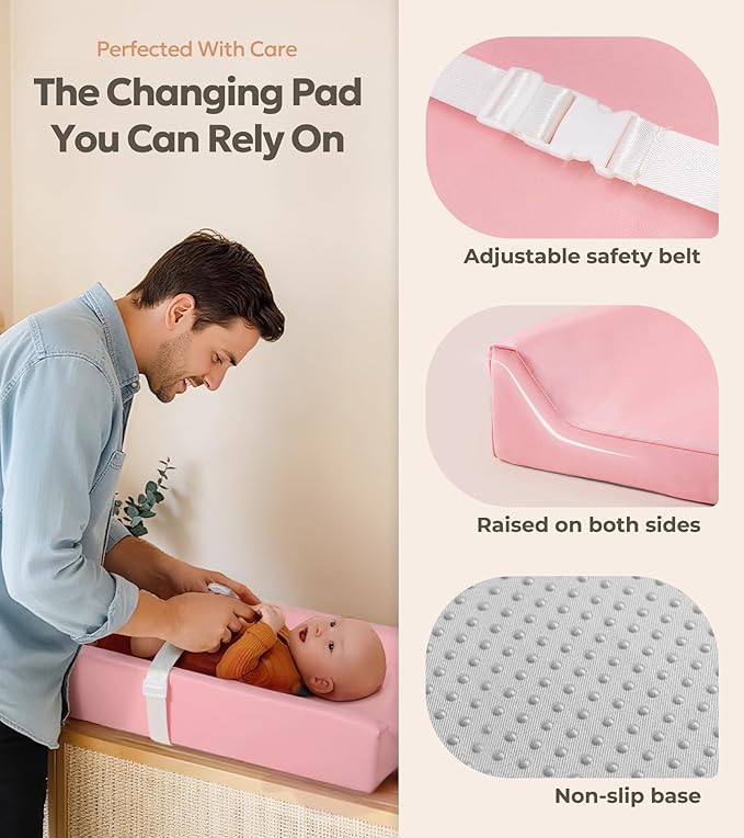 Mallify Baby Changing Pad, Waterproof & Wipeable Vegan Leather Diaper Changing Mat, Thick Soft & Non-Slip Changing Pad for Dresser, Changing Table (Pink)