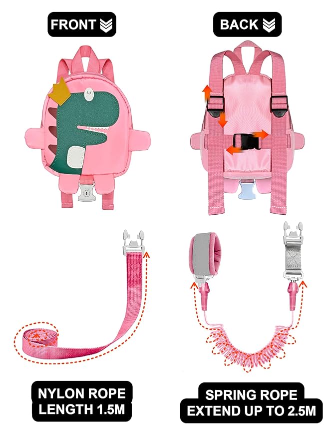 3 in 1 Toddler Harness Leash-Baby Walking Safty Harness + 8.2ft Anti Lost Wrist Link + Cute Dinosaur Backpack,Kids Walking Tether with Key Lock for Boy‘s Outdoor Activity Travel (Pink)
