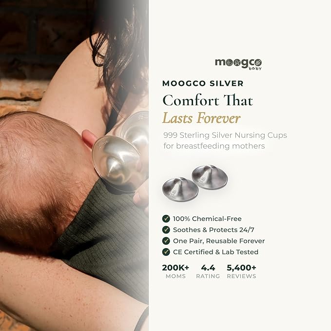 MOOGCO Silver Nursing Cups - 999k Pure Silver Nipple Shields for Breastfeeding - Chemical-Free Nipple Protection (Regular, Set of 2)