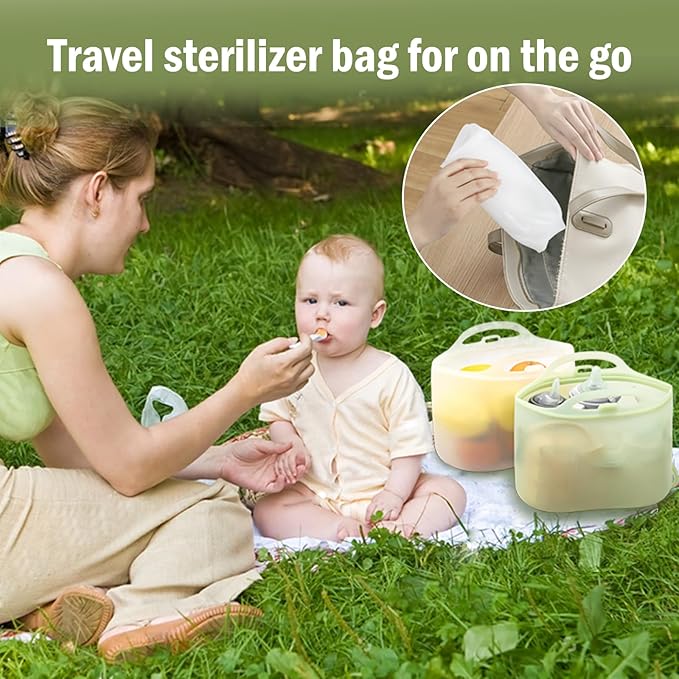 Silicone Travel Bottle Sterilizer Bags | 2000ml Microwave Steam Sterilizer Bags for Baby Bottles, Breast Pump & Pacifiers, Reusable Steam Sterilizing Bags for Travel and Home Use (Clear Milk White)