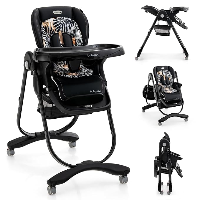 BABY JOY High Chair, Foldable Baby High Chair with Adjustable Height, Recline & Footrest, Double Removable Tray, Storage Basket, Portable Chair with Wheels for Babies & Toddlers (Black)