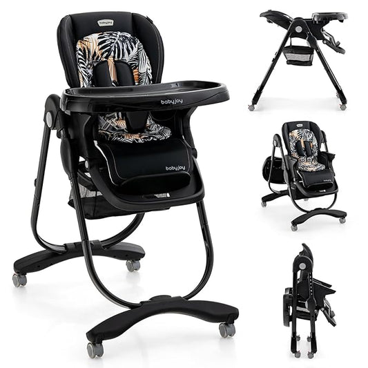 BABY JOY High Chair, Foldable Baby High Chair with Adjustable Height, Recline & Footrest, Double Removable Tray, Storage Basket, Portable Chair with Wheels for Babies & Toddlers (Black)