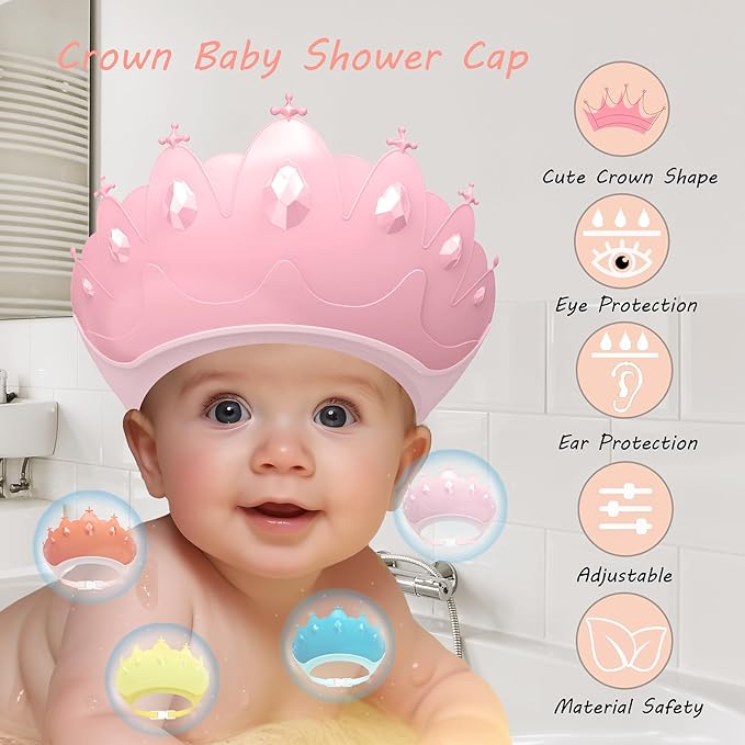 Baby Shower Cap Shield, Baby bath set shower cap, Visor Hat for Eye and Ear Protection for 0-9 Years Old Children,Cute Crown Shape Makes the Baby Bath More Fun (Pink) LiLiBBShie