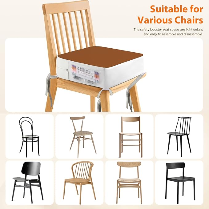 Booster Seat for Kitchen Chair, 3.8" Toddler Booster Seats for Dining Table with Ties, PU Dining Booster Seat with Side Pockets, Non-Slip & Removable Table Booster Seat Increasing Cushion (Brown)