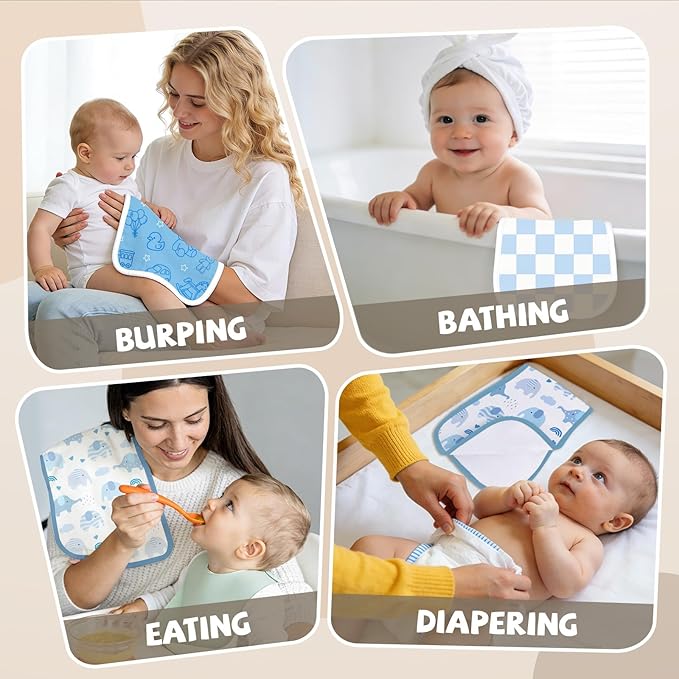 5 Pack Burp Cloths Organic Cotton, Blue Baby Burp Cloths Boy Girl, Absorbent Baby Burping Cloth, Soft Burping Cloth Set for Feeding, New Mom Gifts for Newborns Essentials Gift Set, 19”x9”