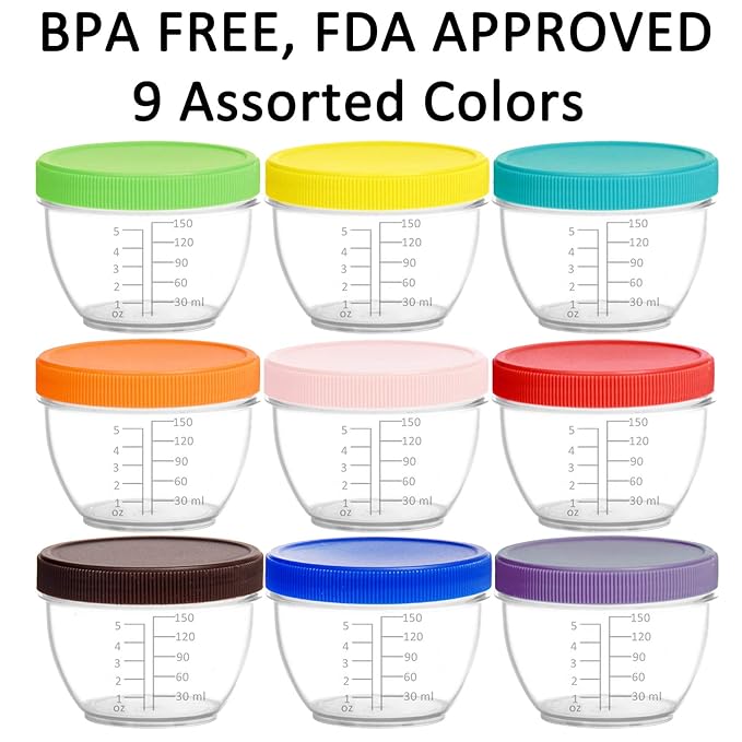 Youngever 18 Pack Baby Food Storage, 6 Ounce Baby Food Containers with Lids and Labels, 9 Assorted Colors