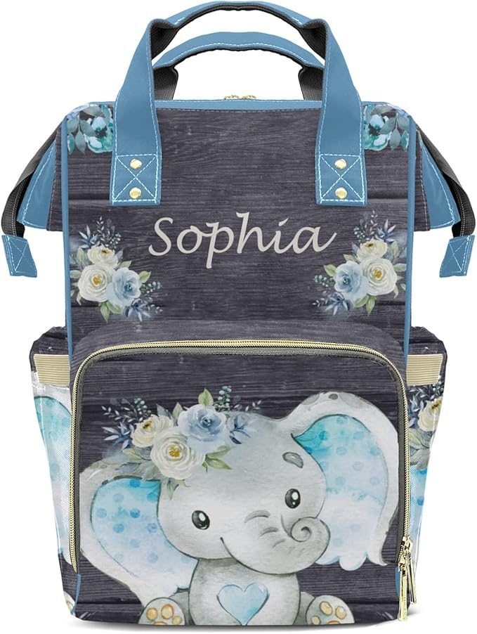 Watercolor Flower Elephant Mommy Bag for Baby Girl Custom Diaper Bag Backpack Waterproof Multi-Function Travel Camping Picnic Diaper Carrying Bag