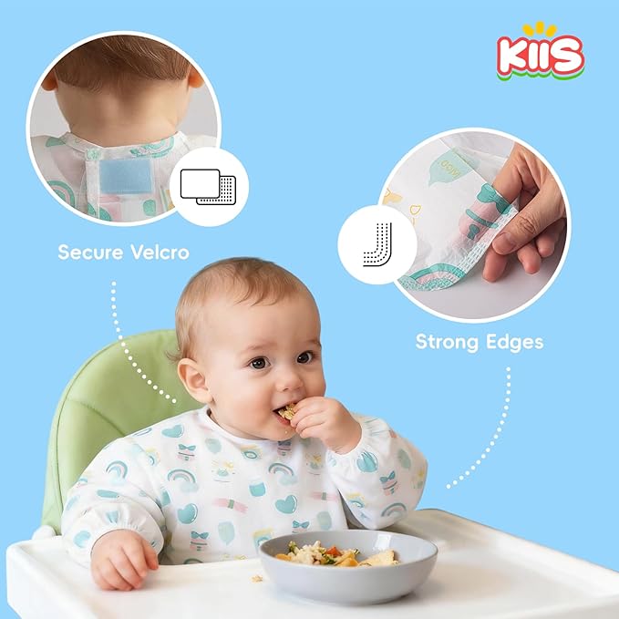 KIIS Disposable Baby Bibs, Waterproof Smock Bibs, Full Coverage for Toddlers & Kids, Mess-Free Feeding for Travel & Daycare