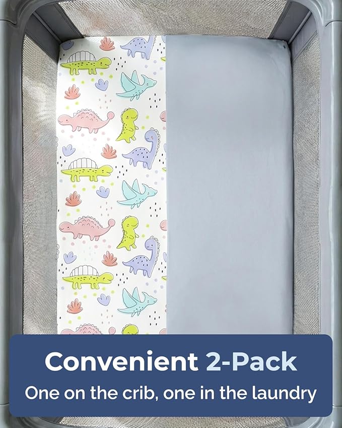 Pack and Play Sheets Fitted - 2 Pack Mini Crib Sheets for Pack N Play Mattress - Unisex Playard Microfiber Bedding for Boys & Girls - Soft, Breathable and Wrinkle Free - Oeko-Tex, 38 x 26in - Dinos