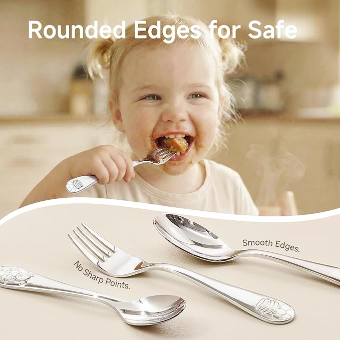 KINGSTONE Kids Silverware Set, 12-Piece Large Forks & Spoons, 18/10 Stainless Steel, Ergonomic Flatware for Self-Feeding Children, Home & Travel, Honey Bear Print