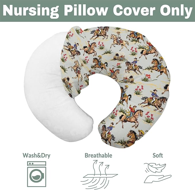 Vintage Cowboy Floral Nursing Pillow Covers for Boy Girl Western Cowboy Horse Nursing Pillow Slipcovers for Breastfeeding Pillows Wild West Desert Soft Stretchy Removable Covers for Newborn Infant