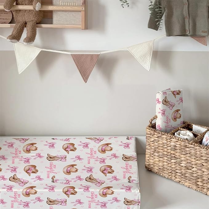 Baby Girls Changing Pad Covers Western New Cowgirl in Town, Pink Bow Ribbon Boot Hat Safe Snug Fitted Diaper Table Sheet, Soft Breathable Stretchy Change Mat Shower Gift Fit 32 34 x 16
