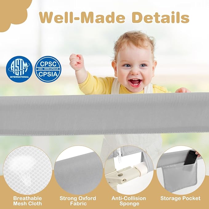 HONEY JOY Bed Rail for Toddlers, 47-Inch Extra Long, Portable Safety Bed Guard Rail w/Side Pocket, Toddler Bed Rails for Crib, King Queen Full Twin Size Bed Mattress (Gray, 2 Pack)