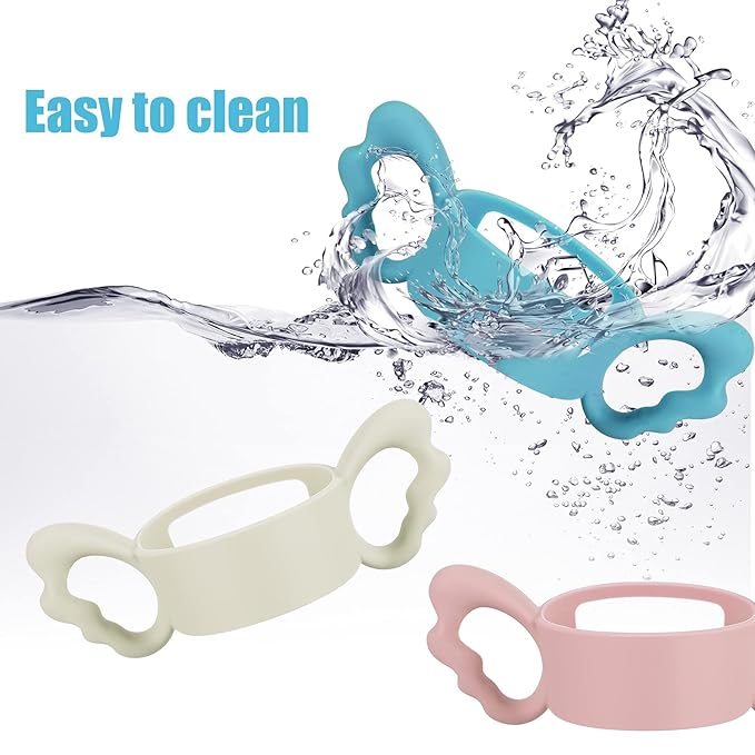 3 Pack Baby Bottle Handles Silicone Wide Neck Feeding Handle Easy Grip Lightweight Bottle Handle Small Hand Gripping for Self Feeding(Pink, Light Gray,Blue)