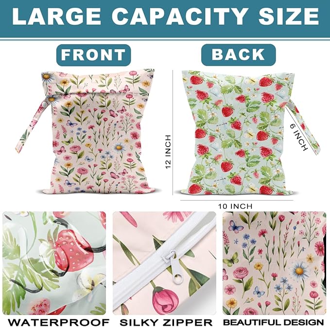 ZHAMEN 2Pcs Wet Bag, Wet Dry Bag Reusable with Zipper, Travel, Beach, Pool, Diapers, Dirty Yoga Gym Clothes, Makeup Bag, Waterproof Wetdry Packing, Summer Floral Decore (12x10 Inch)