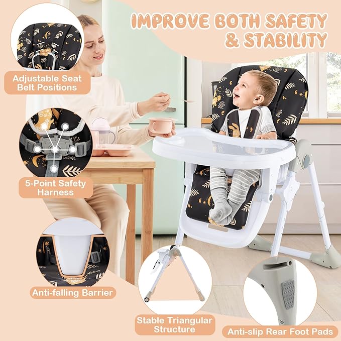 HONEY JOY Baby High Chair, Foldable Highchair for Babies and Toddlers, Adjustable Heights, Recline Backrest & Footrest, Detachable Tray & PU Seat, Portable Highchairs with Wheels (Leaf Black)