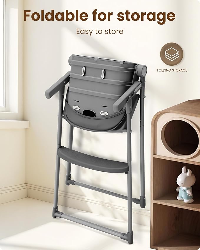 Foldable High Chair for Infants & Toddlers, Adjustable 3-Position Dishwasher-Safe Tray, 5-Point Safety Harness, Space-Saving Design for Dining & Mealtime, Gray