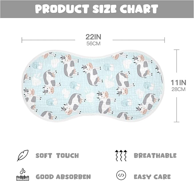 Muslin Burp Cloths for Baby Boys and Girls - 2-Pack Ultra Absorbent Cow Muslin Washcloths, Newborn Towel, Milk Spit Up Rags, Burp Cloth Bibs for Unisex, 22 x 11 Inch