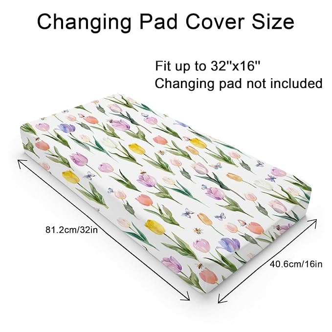 Watercolor Tulips Bees Butterflies Changing Pad Covers Boho Spring Floral Diaper Change Table Pad Sheets for Baby Girl Wild Flowers Soft Breathable Stretchy Snug Fitted Changing Table Mats 32''x16''