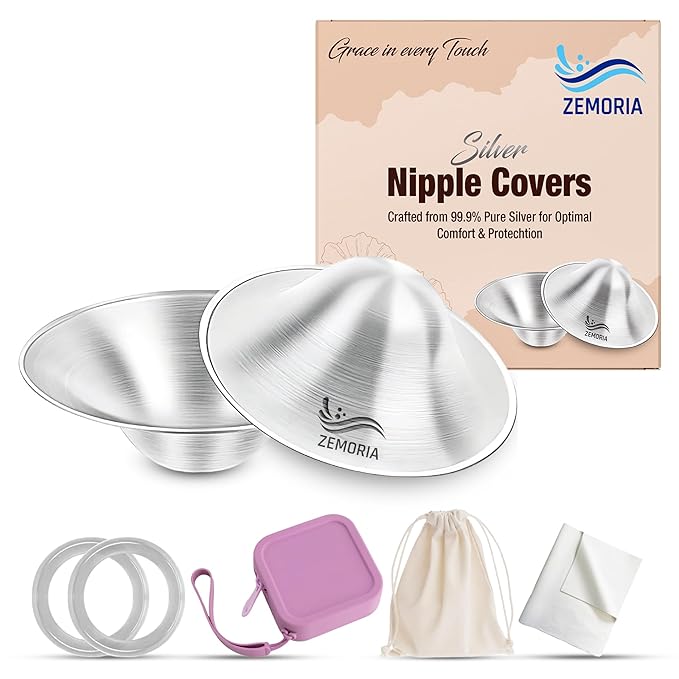 The Original 999 Silver Nursing Cups for Breastfeeding, Pack of 5; Silver Nipples Covers with Silicone Rings, Pouches & Cleaning Cloth – Reusable Breastfeeding Accessories for Comfort & Protection.