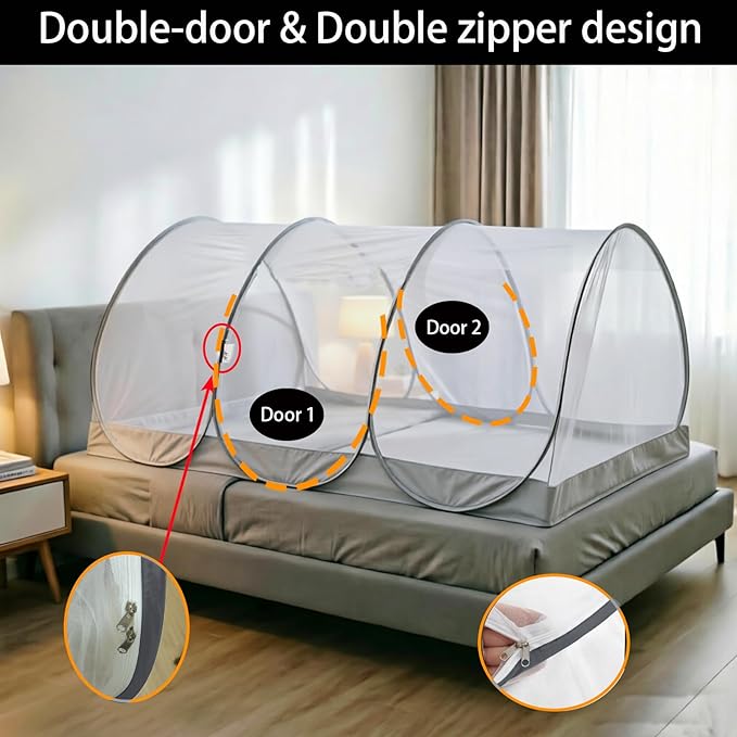 CMINGJ Portable Mosquito Net, Foldable Pop-Up Travel Bed Net, Free Installation Mosquito Tent, for Adults Bedroom Camping Nap Patio L78 x W39 x H35 inch (Double Door with Fabric Bottom & Gray Edge)